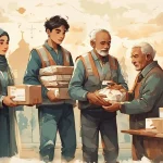 Ilustrasi pembagian makanan kepada fakir miskin sebagai pelaksanaan kafarat puasa Ramadhan sesuai hadits shahih