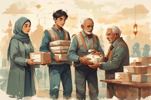 Ilustrasi pembagian makanan kepada fakir miskin sebagai pelaksanaan kafarat puasa Ramadhan sesuai hadits shahih