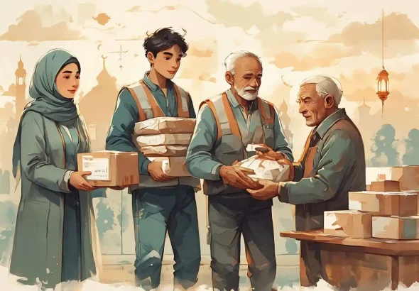 Ilustrasi pembagian makanan kepada fakir miskin sebagai pelaksanaan kafarat puasa Ramadhan sesuai hadits shahih