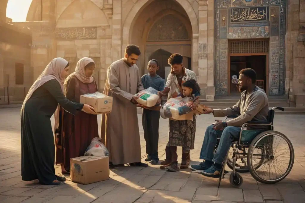 Ilustrasi penyaluran makanan kepada fakir miskin sebagai pelaksanaan kafarat puasa sesuai syariat Islam.