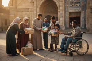 Ilustrasi penyaluran makanan kepada fakir miskin sebagai pelaksanaan kafarat puasa sesuai syariat Islam.