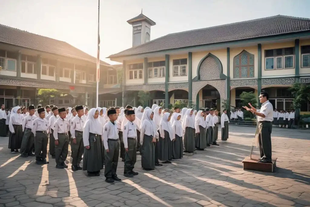 Suasana kegiatan belajar di SMP Islam berprestasi Jogja dengan siswa berdiskusi bersama guru di luar kelas modern bernuansa Islami.