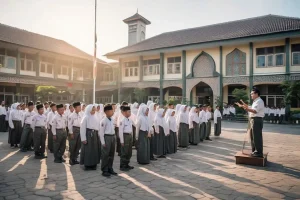 Suasana kegiatan belajar di SMP Islam berprestasi Jogja dengan siswa berdiskusi bersama guru di luar kelas modern bernuansa Islami.