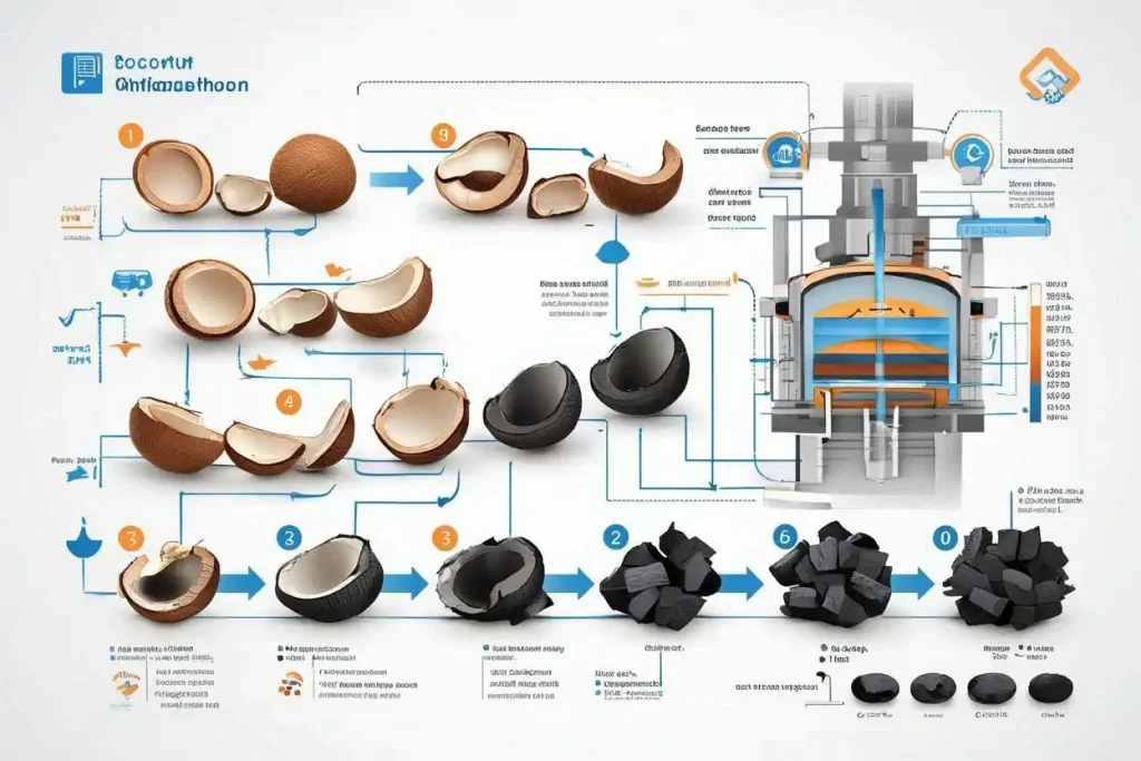 Coconut shell carbonization process diagram showing kiln temperature stages and charcoal production workflow for quality control