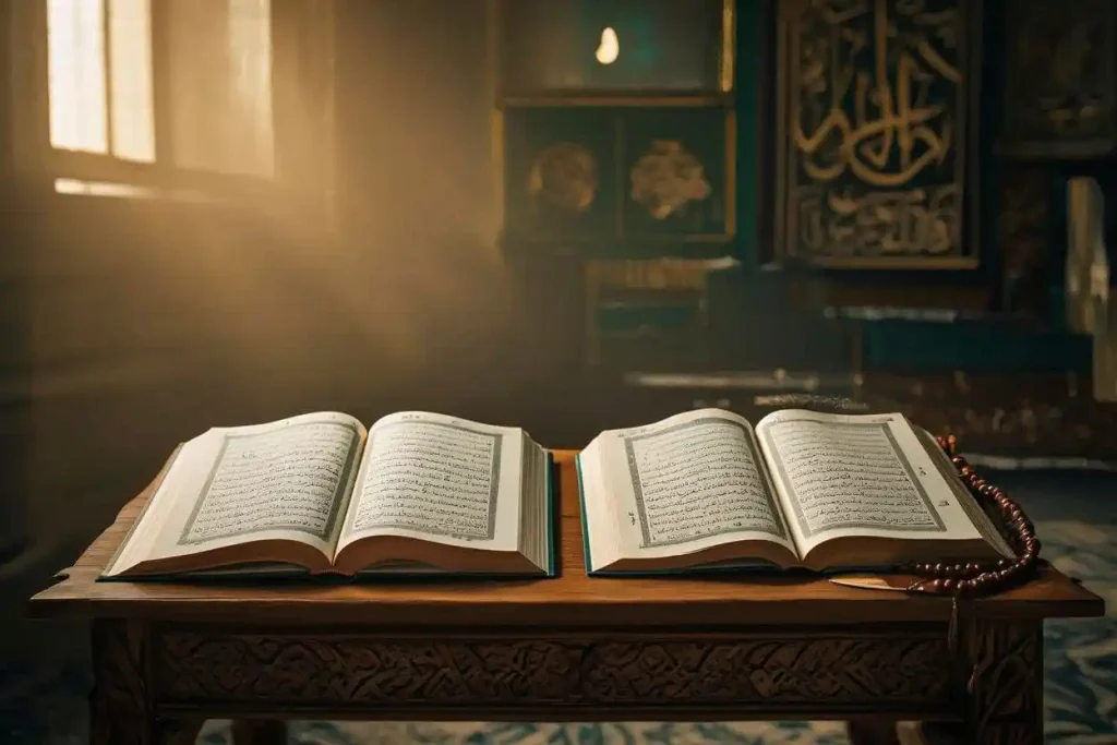 Dalil kafarat puasa ramadhan dalam Al-Quran dan hadits dengan mushaf terbuka di meja kajian