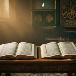 Dalil kafarat puasa ramadhan dalam Al-Quran dan hadits dengan mushaf terbuka di meja kajian