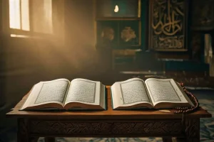 Dalil kafarat puasa ramadhan dalam Al-Quran dan hadits dengan mushaf terbuka di meja kajian