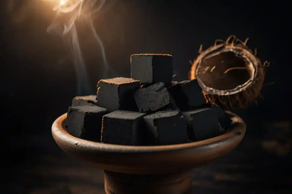 Natural coconut charcoal cubes with minimal ash on a hookah bowl