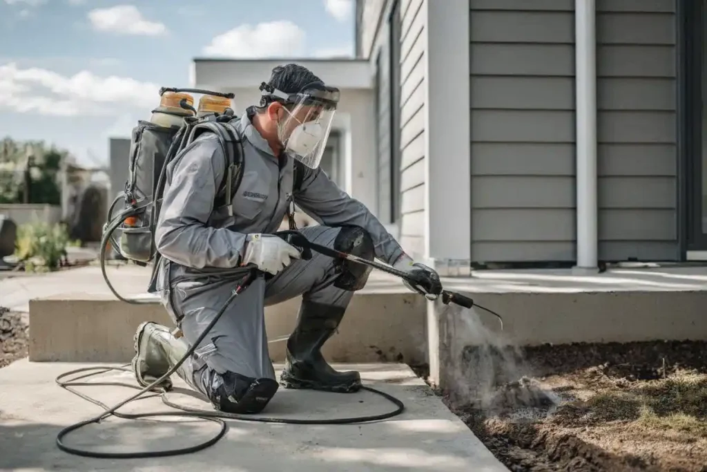 Teknisi jasa anti rayap rekomendasi melakukan penyemprotan termitisida pada struktur rumah untuk perlindungan jangka panjang.