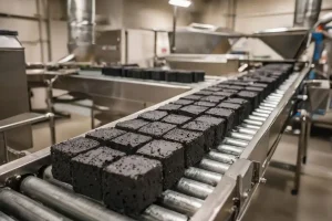 Professional hookah charcoal manufacturer producing uniform coconut shell briquettes in a modern facility