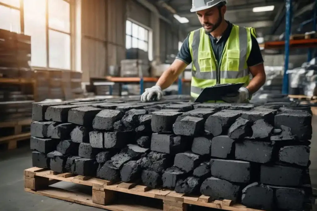 A quality control inspector examining charcoal briquettes in a production facility