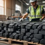 A quality control inspector examining charcoal briquettes in a production facility