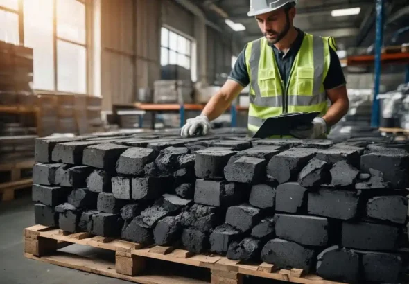 A quality control inspector examining charcoal briquettes in a production facility
